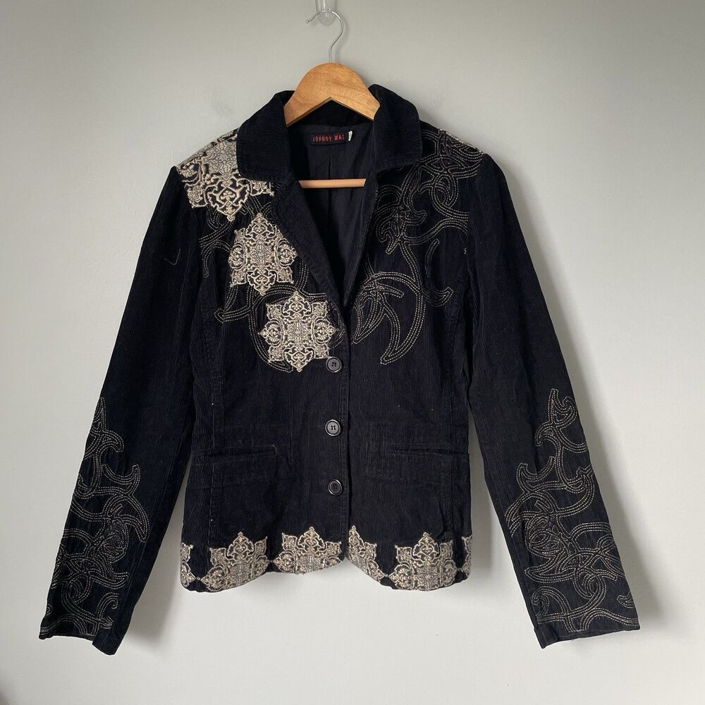 Johnny Was Corduroy Jacket Embroidered Boho Chic Cotton Black Women's Size Small